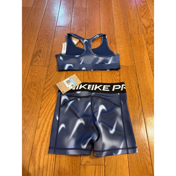 New Nike Pro Kids Training Set Sports Bra Shorts Blue White Swoosh M - Picture 2 of 5